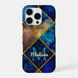 Chic girly faux Glitter gold blue geometric iPhone 16 Pro Case