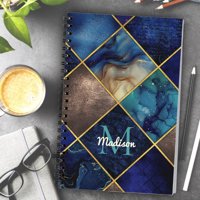Chic girly faux Glitter gold blue geometric Notebook (Creator Uploaded)