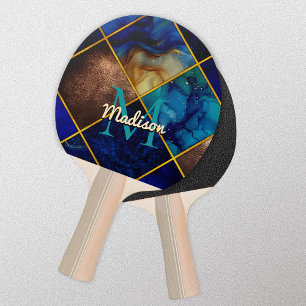 Chic girly faux Glitter gold blue geometric square Ping Pong Paddle