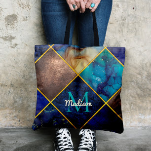 Chic girly faux Glitter gold blue geometric Tote Bag