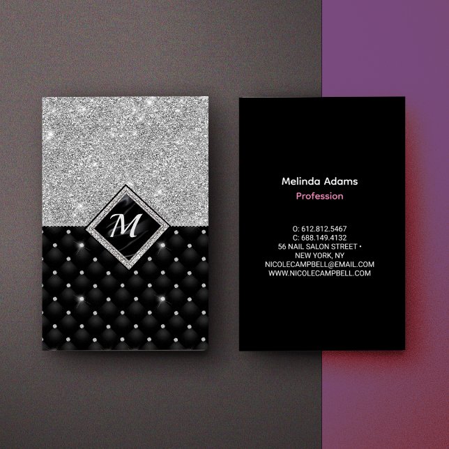 Chic girly faux glitter silver black monogram  business card (Creator Uploaded)
