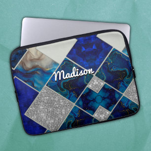 Chic girly faux Glitter silver blue geometric  Laptop Sleeve