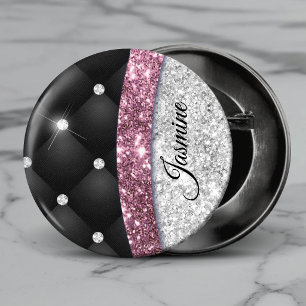 Chic girly faux Silver glitter black pink monogram 3 Cm Round Badge