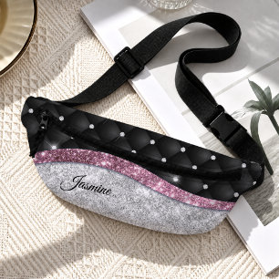 Chic girly faux Silver glitter black pink monogram Bum Bags