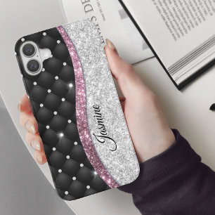 Chic girly faux Silver glitter black pink monogram iPhone 16 Case