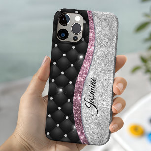 Chic girly faux Silver glitter black pink monogram Case-Mate iPhone 14 Case