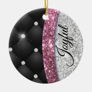 Chic girly faux Silver glitter black pink monogram Ceramic Ornament