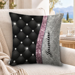 Chic girly faux Silver glitter black pink monogram Cushion
