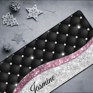 Chic girly faux Silver glitter black pink monogram Desk Mat