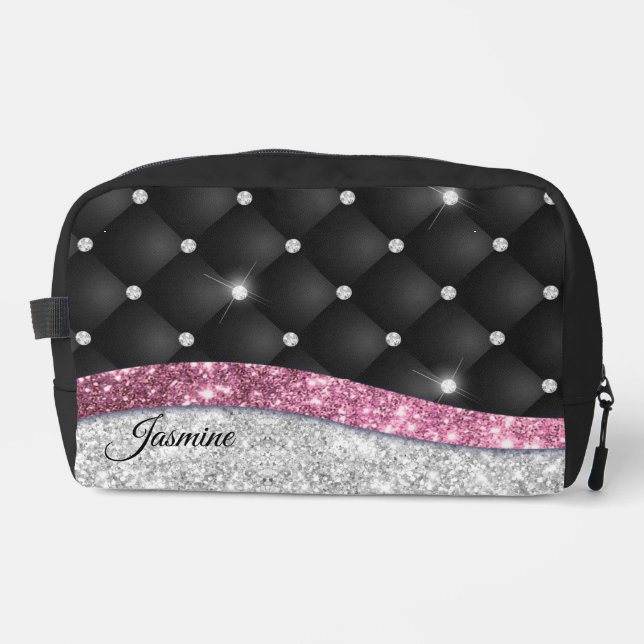 Chic girly faux Silver glitter black pink monogram Dopp Kit (Front)