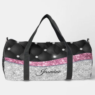 Chic girly faux Silver glitter black pink monogram Duffle Bag