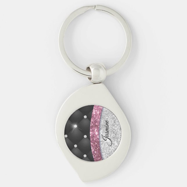 Chic girly faux Silver glitter black pink monogram Key Ring (Front)