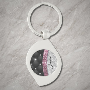 Chic girly faux Silver glitter black pink monogram Key Ring