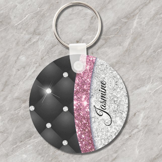 Chic girly faux Silver glitter black pink monogram Key Ring (Creator Uploaded)