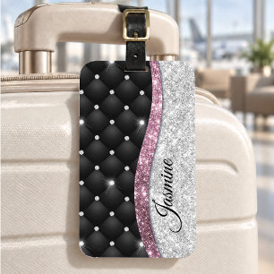 Chic girly faux Silver glitter black pink monogram Luggage Tag