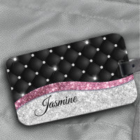 Chic girly faux Silver glitter black pink monogram