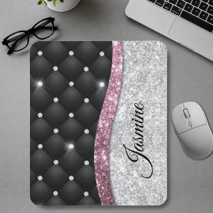 Chic girly faux Silver glitter black pink monogram Mouse Pad