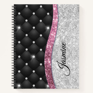 Chic girly faux Silver glitter black pink monogram Notebook