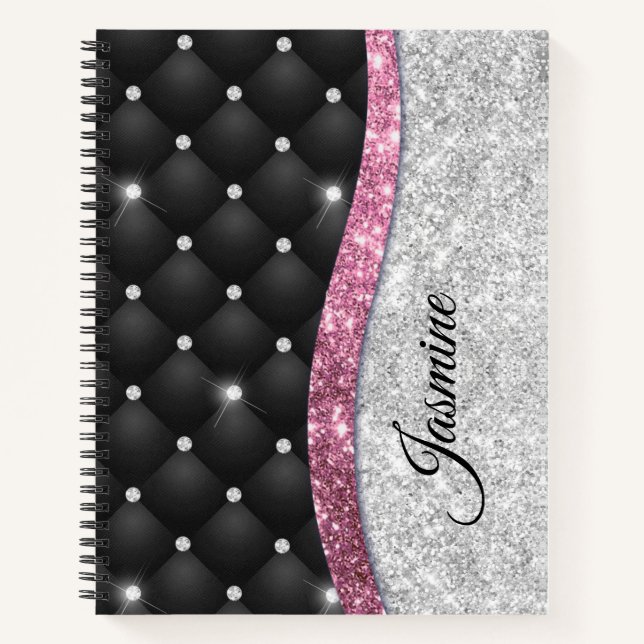 Chic girly faux Silver glitter black pink monogram Notebook (Front)