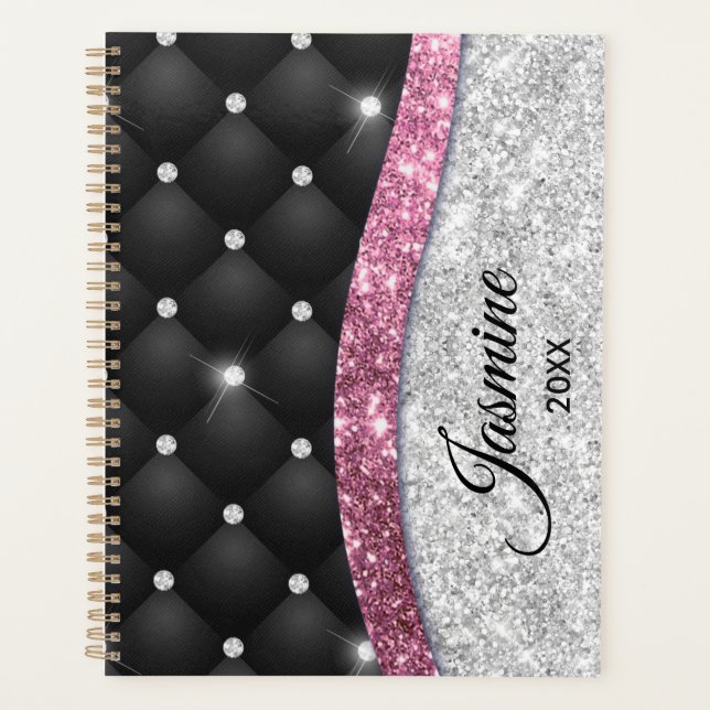 Chic girly faux Silver glitter black pink monogram Planner (Front)