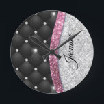 Chic girly faux Silver glitter black pink monogram Round Clock<br><div class="desc">Easily personalise this trendy, chic bling Luxury Wall Clock design featuring elegant girly faux silver and pink glitter and rhinestones bling with black tuffted design. This makes the perfect sweet 16 birthday, wedding, bridal shower, anniversary, baby shower or bachelorette party gift for someone that loves glam luxury and chic styles....</div>