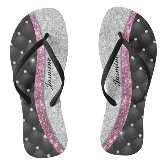 Chic girly faux Silver glitter black pink monogram Thongs (Footbed)