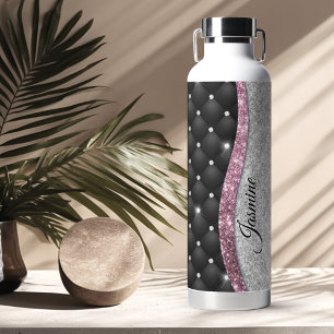 Chic girly faux Silver glitter black pink monogram Water Bottle