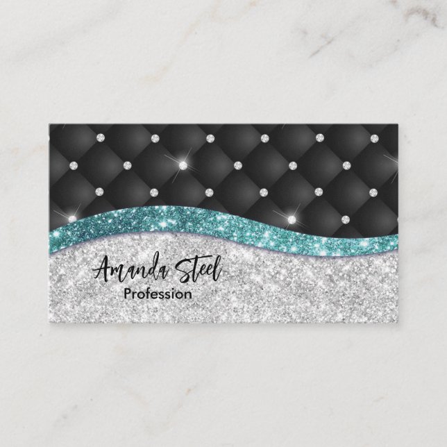 Chic girly faux Silver glitter black teal monogram Appointment Card (Front)