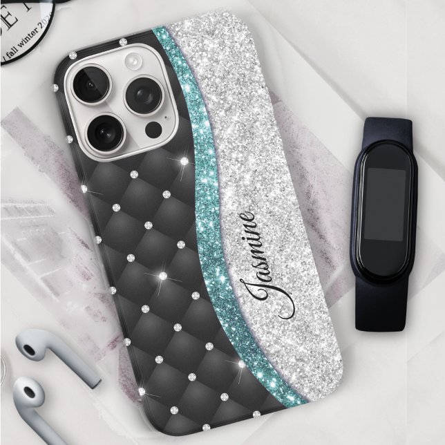 Chic girly faux Silver glitter black teal monogram Case-Mate iPhone Case (Creator Uploaded)