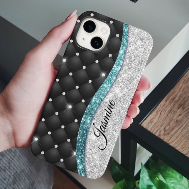 Chic girly faux Silver glitter black teal monogram Case-Mate iPhone Case (Creator Uploaded)