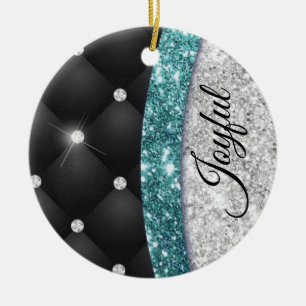 Chic girly faux Silver glitter black teal monogram Ceramic Ornament