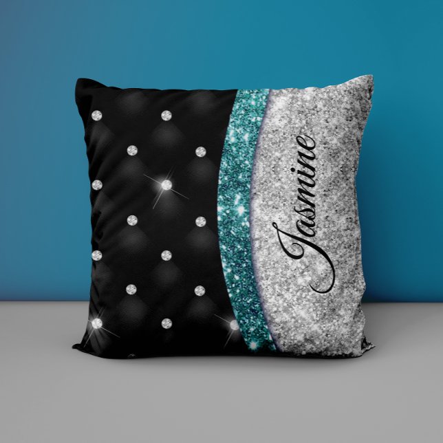 Chic girly faux Silver glitter black teal monogram Cushion (Creator Uploaded)