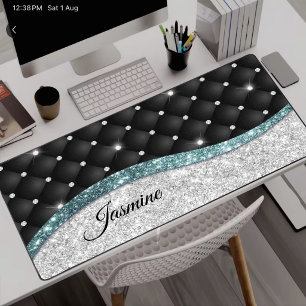 Chic girly faux Silver glitter black teal monogram Desk Mat