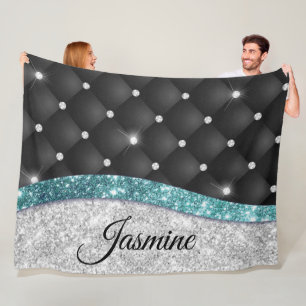 Chic girly faux Silver glitter black teal monogram Fleece Blanket