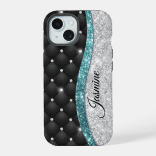 Chic girly faux Silver glitter black teal monogram iPhone 15 Case