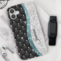 Chic girly faux Silver glitter black teal monogram