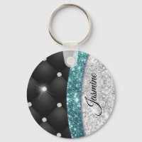 Chic girly faux Silver glitter black teal monogram