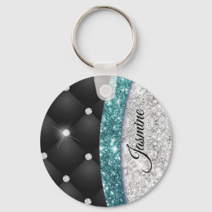 Chic girly faux Silver glitter black teal monogram Key Ring