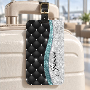 Chic girly faux Silver glitter black teal monogram Luggage Tag