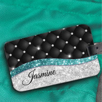 Chic girly faux Silver glitter black teal monogram