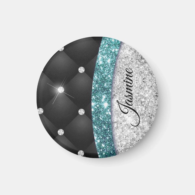 Chic girly faux Silver glitter black teal monogram Magnet (Front)