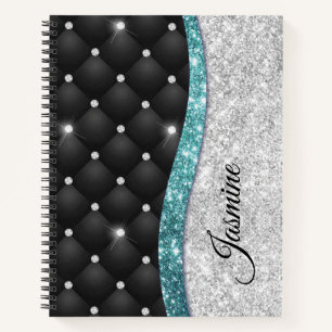 Chic girly faux Silver glitter black teal monogram Notebook