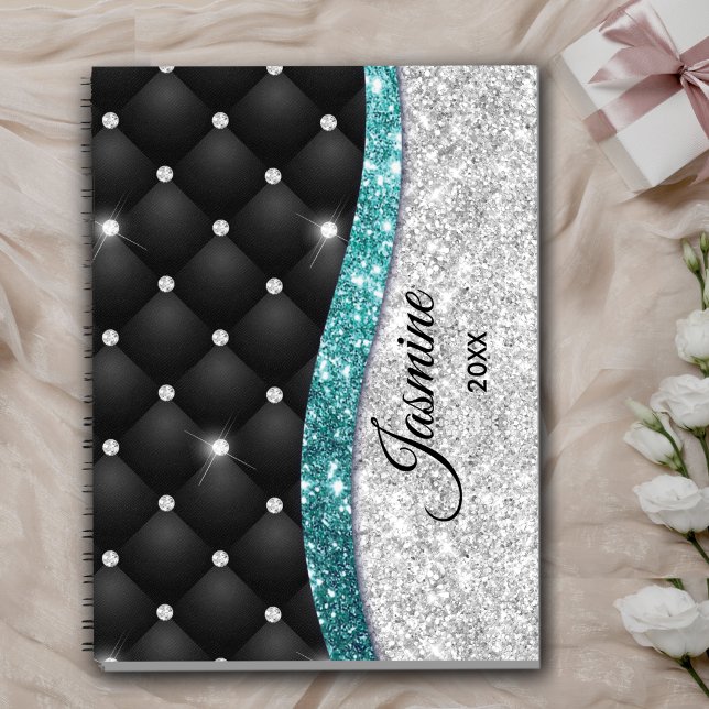 Chic girly faux Silver glitter black teal monogram Planner (Creator Uploaded)