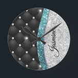 Chic girly faux Silver glitter black teal monogram Round Clock<br><div class="desc">Easily personalise this trendy, chic bling Luxury Wall Clock design featuring elegant girly faux silver teal turquoise aqua glitter and rhinestones bling with black tuffted design design. This makes the perfect sweet 16 birthday, wedding, bridal shower, anniversary, baby shower or bachelorette party gift for someone that loves glam luxury and...</div>