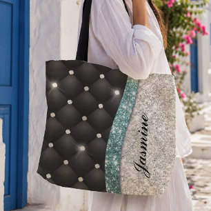 Chic girly faux Silver glitter black teal monogram Tote Bag
