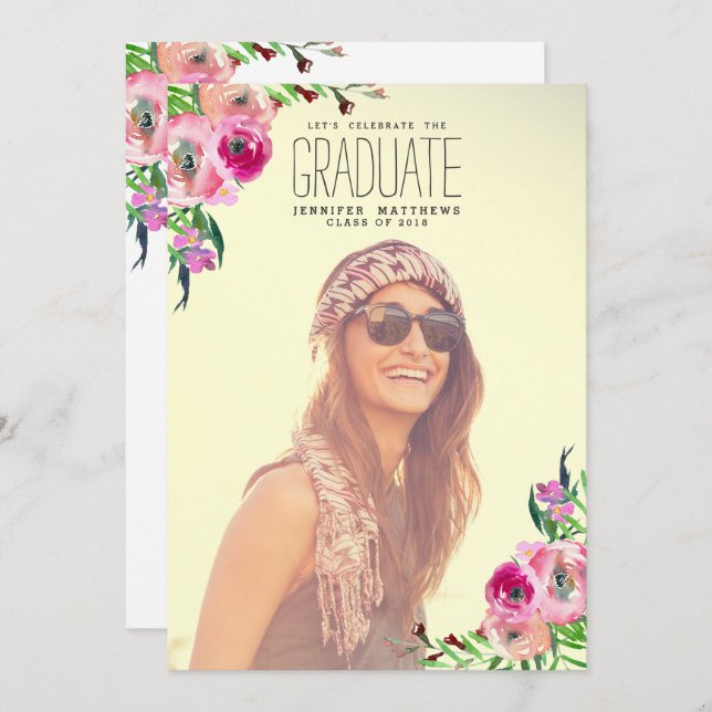Chic Girly Floral Photo Graduation Party Invite (Front/Back)