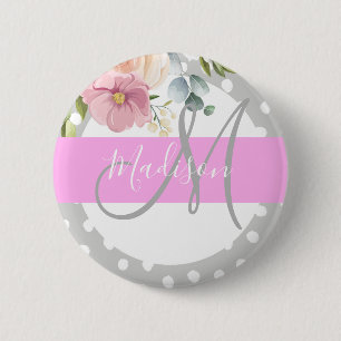 Chic & Girly Floral White Pink Gray Monogram Name 6 Cm Round Badge