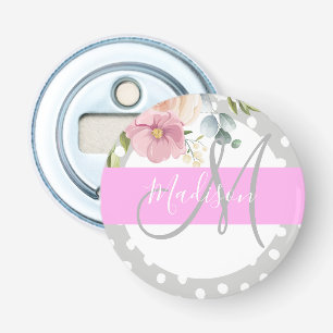 Chic & Girly Floral White Pink Gray Monogram Name Bottle Opener