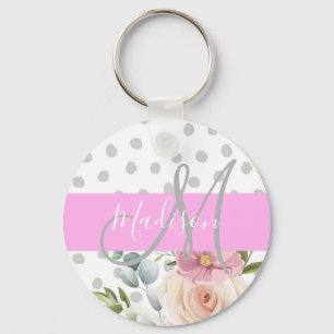 Chic & Girly Floral White Pink Gray Monogram Name Key Ring