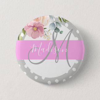 Chic & Girly Floral White Pink Grey Monogram Name 6 Cm Round Badge